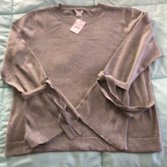 J. Crew Lightweight Gray Sweater 100% Cotton with Tie Sleeves Size L - Picture 3 of 7